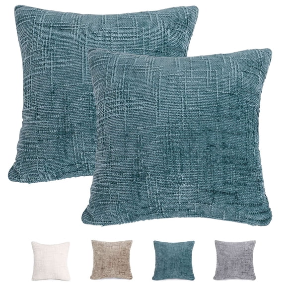 Deago Pack of 2 Decorative Throw Pillow Covers Soft Chenille Throw Pillows Solid Neutral Farmhouse Textured Cushion Covers for Couch Sofa Bedroom Living Room 18x18 Inch, Teal Blue