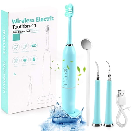 Deago Plaque Remover for Teeth, Electric Toothbrush Tooth Cleaner Tartar Remover Tool Teeth Cleaning Kit with 3 Cleaning Heads, 5 Modes, Oral Mirror, USB Charger (Blue)