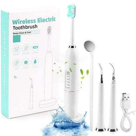 Deago Plaque Remover for Teeth, Electric Toothbrush Tooth Cleaner Tartar Remover Tool Teeth Cleaning Kit with 3 Cleaning Heads, 5 Modes, Oral Mirror, USB Charger (White)