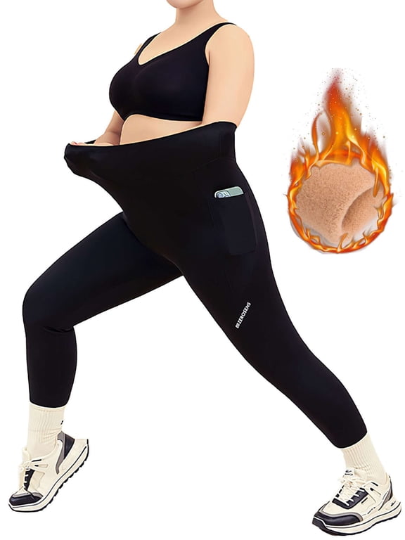 Plus Size Fleece Lined Leggings with Pockets for Women Winter Thermal High Waist Workout Yoga Pants (Black, 3XL)
