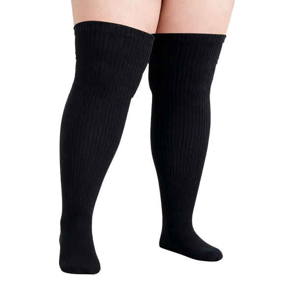 Deago Plus Size Thigh High Socks for Thick Thighs Women Knit Cotton Extra Long Over the Knee Stockings Leg Warmer (Black)