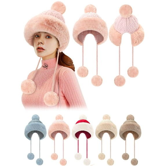 Deago Pom Poms Beanie Hats for Women Fluffy Knit Winter Warm Fleece Lined Skull Cap Cover Ears Beanies Cold Weather Crochet Ear Flap Hats - Brown