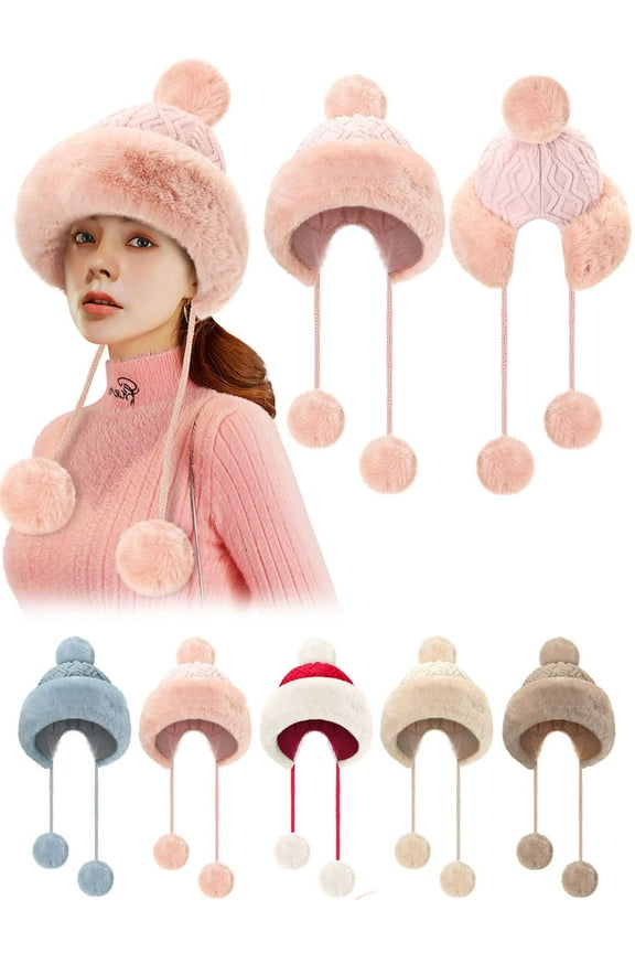 Pom Poms Beanie Hats for Women Fluffy Knit Winter Warm Fleece Lined Skull Cap Cover Ears Beanies Cold Weather Crochet Ear Flap Hats - Pink