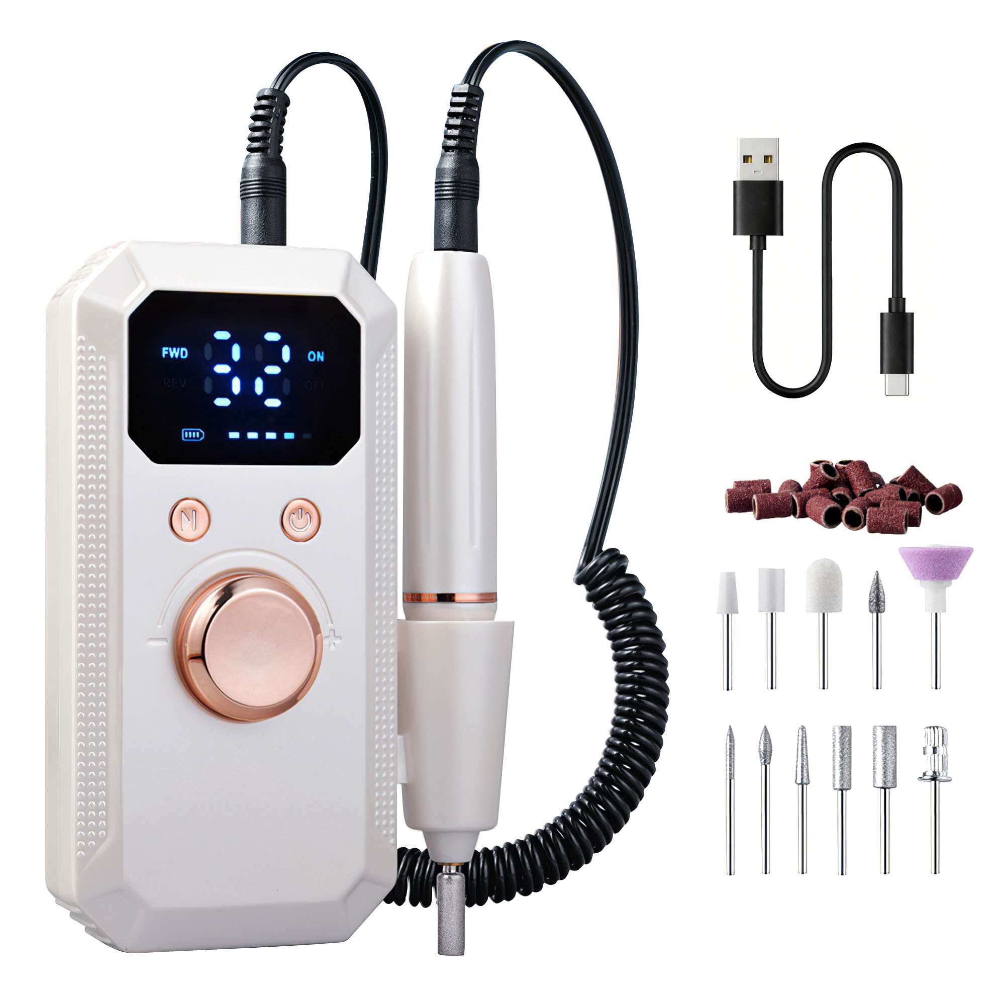 Deago Professional Portable Nail Drill Kit Rechargeable Electric Nail File Machine Cordless E-File Set for Acrylic Gel Polishing Removing with 11 Bits Kit for Manicure Salon Home, White