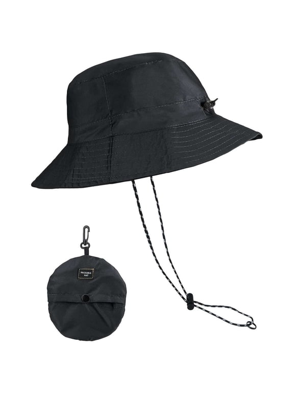 Quick Dry Waterproof Packable Bucket Hat for Women Men Outdoor Sun Hats with Detachable Chin Strap (Black)