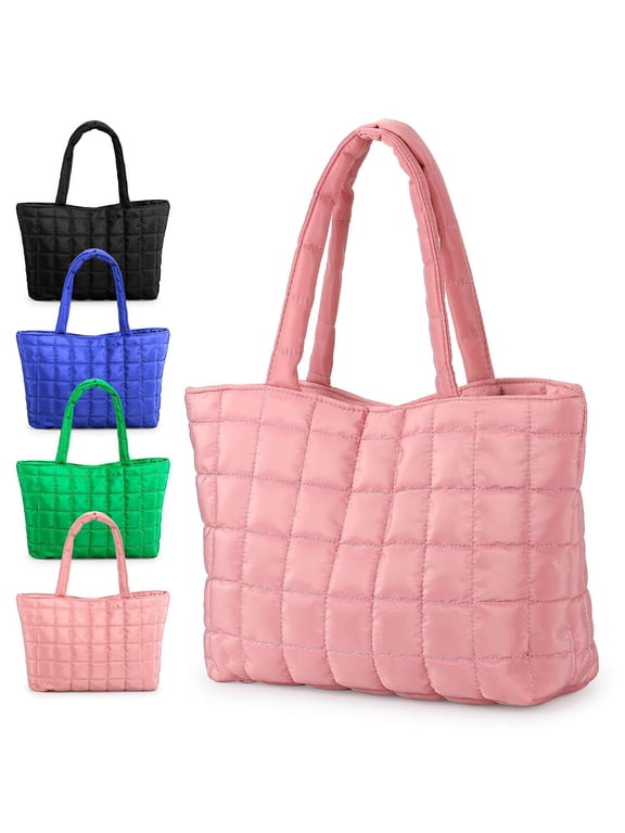 Quilted Tote Bag for Women Padded Shoulder Bag Large Hobo Purse Lightweight Nylon Padding Handbag - Black