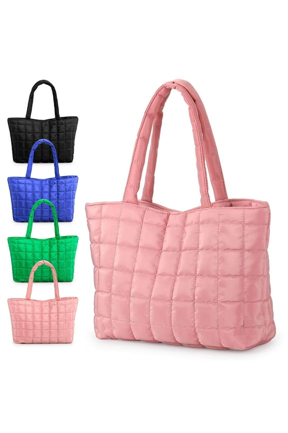 Quilted Tote Bag for Women Padded Shoulder Bag Large Hobo Purse Lightweight Nylon Padding Handbag - Blue