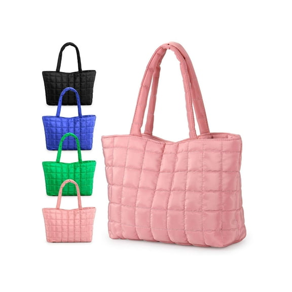 Deago Quilted Tote Bag for Women Padded Shoulder Bag Large Hobo Purse Lightweight Nylon Padding Handbag - Pink