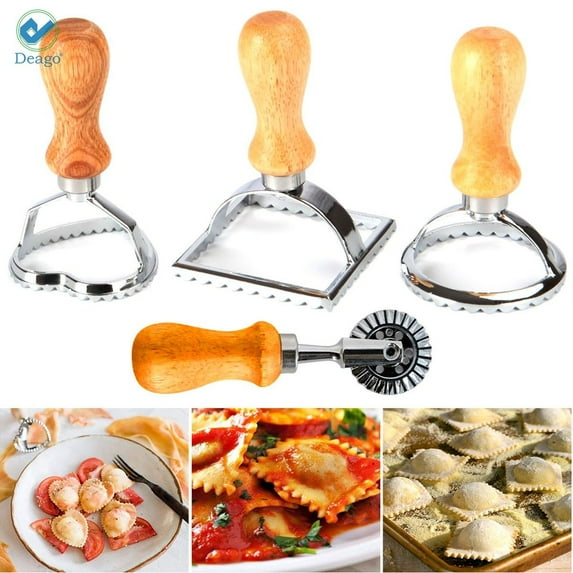 Deago Ravioli Stamp Maker Cutter with Roller Wheel Set, Mold with Wooden Handle and Fluted Edge, Pasta Press Kitchen Attachment