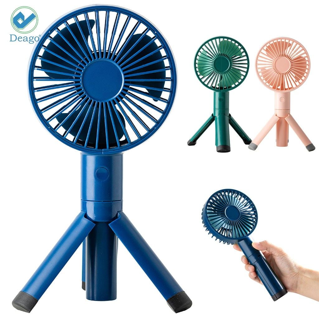 Deago Rechargeable USB Desk Cooling Fan Summer Mini Tripod Handheld Fan Foldable Bracket 3 Speeds Portable Fan for Outdoor Travel (Blue)