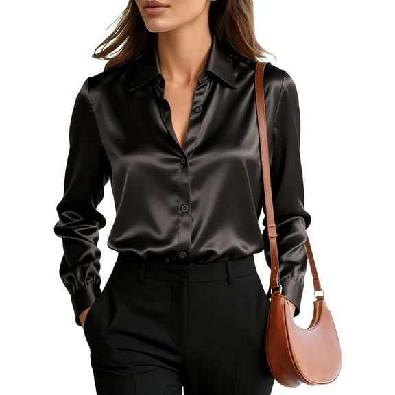 Deago Satin Blouses for Women Silk Button Down Shirts Long Sleeve Work Shirt Dressy Business Casual Fall Tops (Black, S)