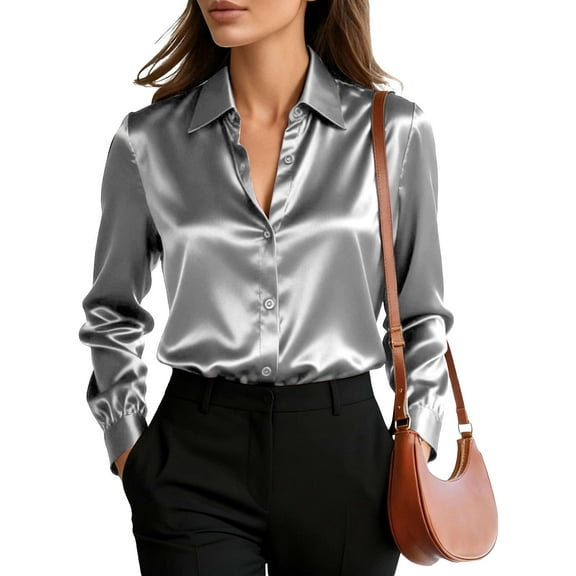 Deago Satin Blouses for Women Silk Button Down Shirts Long Sleeve Work Shirt Dressy Business Casual Fall Tops (Gray, 2XL)