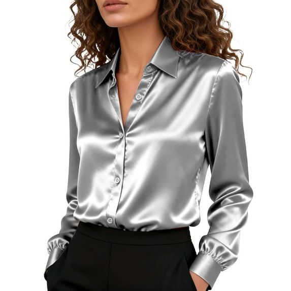 Deago Satin Blouses for Women Silk Button Down Shirts Long Sleeve Work Shirt Dressy Business Casual Fall Tops (Gray, 2XL)