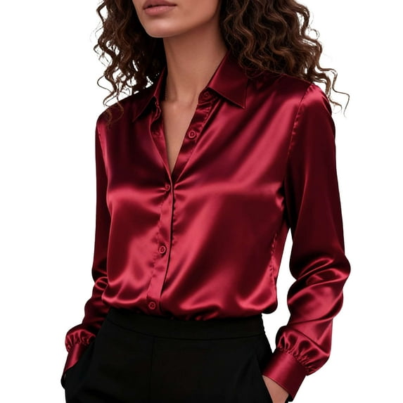 Deago Satin Blouses for Women Silk Button Down Shirts Long Sleeve Work Shirt Dressy Business Casual Fall Tops (Red, M)