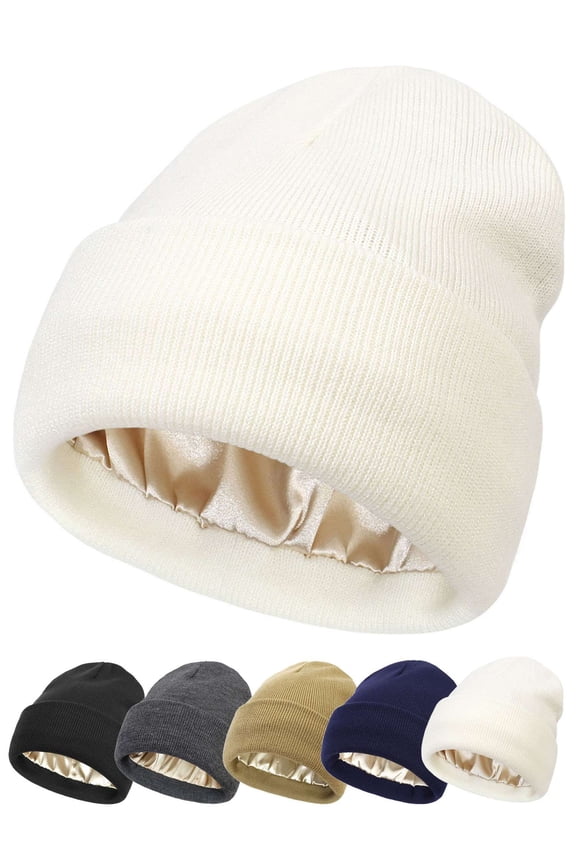 Satin Lined Beanie for Women Men Knit Beanie Hat Acrylic Winter Hats Warm Slouchy Skull Cap