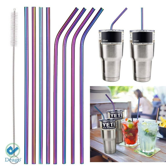 Deago Set of 8 Stainless Steel Straws Ultra Long 10.5 Inch Drinking Metal Straws For Tumblers Coffee Juice Cold Beverage (4 Straight|4 Bent|2 Brushes|Rainbow)