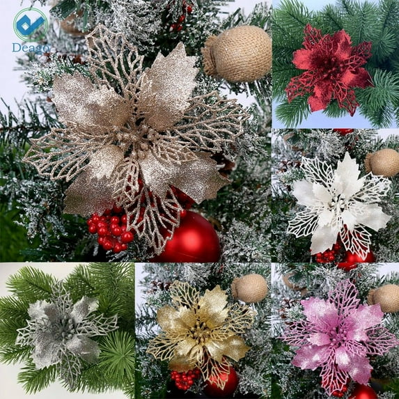 Deago Set of 24 Pcs Christmas Poinsettia Flowers Ornaments Glitter Floral Accessories Xmas Wreath Tree Decorations for Party Home Wedding