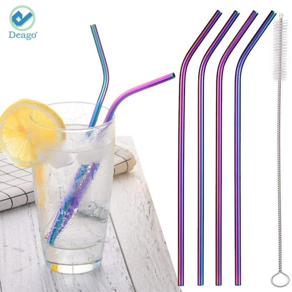 Deago Set of 4 Stainless Steel Straws Ultra Long 10.5 Inch Drinking Metal Straws For Tumblers Coffee Juice Cold Beverage (4 Bent|1 Brushes|Rainbow)