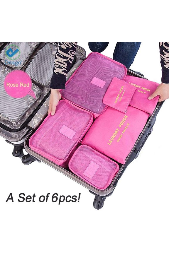 Set of 6 Travel Storage Bags Clothing Sorting Packaging Cubes Compression Luggage Organizer Pouch (Rose Red)
