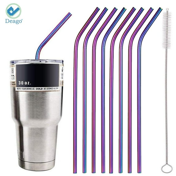Deago Set of 8 Stainless Steel Straws Ultra Long 10.5 Inch Drinking Metal Straws For Tumblers Coffee Juice Cold Beverage (8 Bent|1 Brushes|Rainbow)