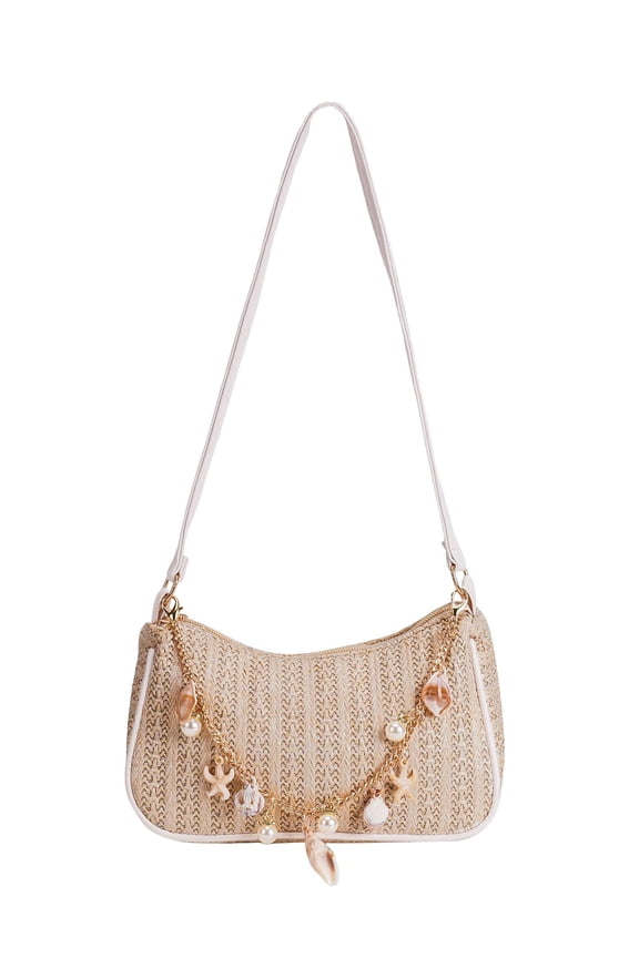 Shoulder Bag for Women Boho Seashell Pearl Beaded Straw Beach Bag Cute Hobo Handbags Retro Clutch Underarm Purse (Khaki)