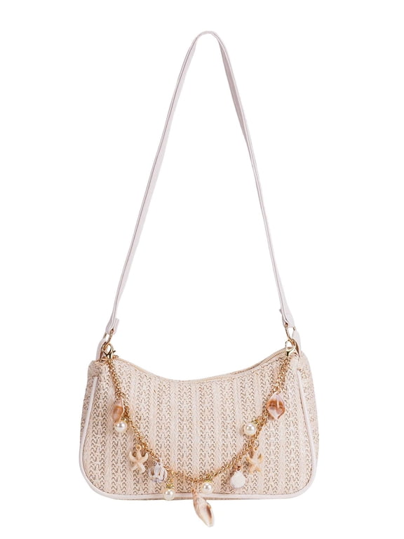 Shoulder Bag for Women Boho Seashell Pearl Beaded Straw Beach Bag Cute Hobo Handbags Retro Clutch Underarm Purse (White)