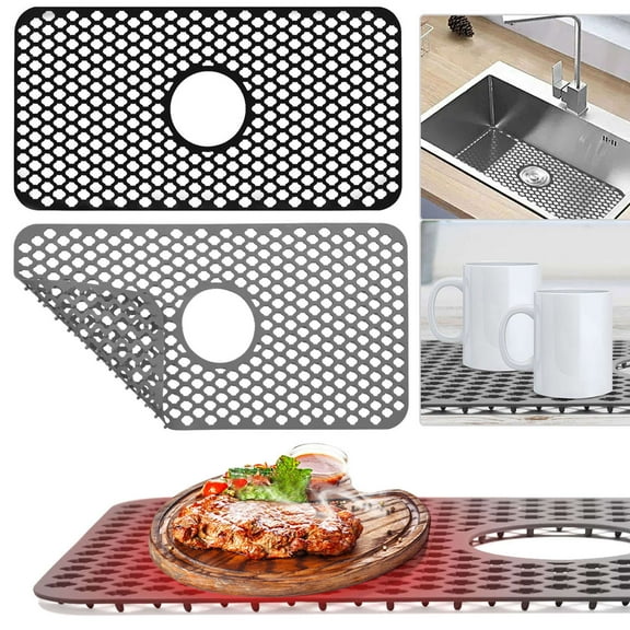 Deago Silicone Sink Mat 25"x13", Sink Protectors for Kitchen Sink, Sink Mat Grid for Bottom of Farmhouse Stainless Steel Porcelain Sink with Center Drain (Black)