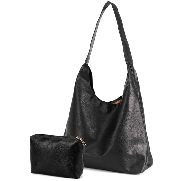 Deago Slouchy Hobo Bags for Women Soft PU Leather Shoulder Bag Handbag Tote Purses with Pouch (Black-1)