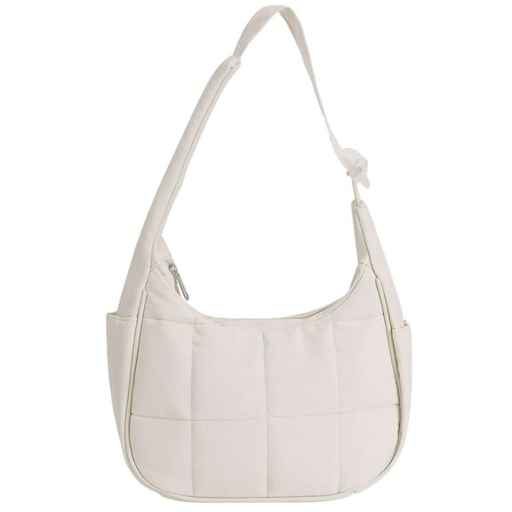 Deago Small Puffer Crescent Shoulder Bag for Women, Nylon Quilted Shoulder Purses, Puffy Handbags with Adjustable Strap (White)