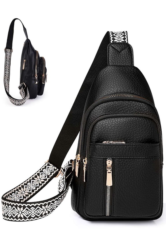 Small Sling Bag for Women Leather Crossbody Purse Fanny Pack Chest Bag for Travel with Adjustable Strap (Black)