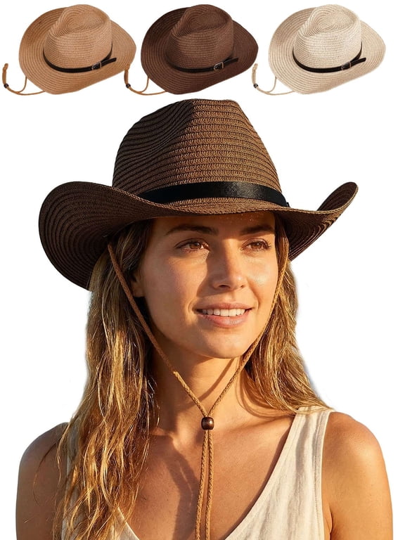 Straw Cowboy Hat for Men Women Classic Western Cowgirl Cap with Shapeable Wide Brim Summer Beach Sun Hat with Chin Strap (Coffee)