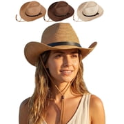 Deago Straw Cowboy Hat for Men Women Classic Western Cowgirl Cap with Shapeable Wide Brim Summer Beach Sun Hat with Chin Strap Khaki