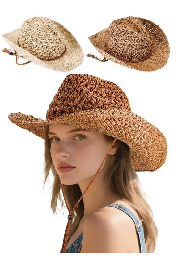 Straw Cowboy Hat for Men Women Western Cowgirl Hat Shapeable Wide Brim Beach Sun Hat with Adjustable Chin Strap (Khaki)