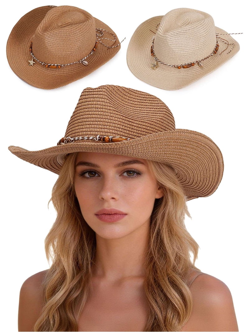 Straw Cowgirl Hat with Shapeable Brim, Wide Brim Western Sun Hat for Women FLUFFY SENSE. Cowgirl Hats for Women Straw Cowboy Hat  main image 3