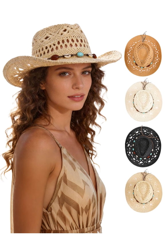 Straw Cowboy Hat for Women and Men Western Cowgirl Hat with Shapeable Wide Brim Hollow Out Summer Beach Sun Hats (Khaki)