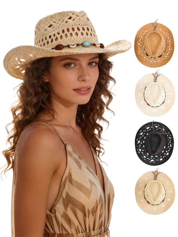 Straw Cowboy Hat for Women and Men Western Cowgirl Hat with Shapeable Wide Brim Hollow Out Summer Beach Sun Hats (Khaki)
