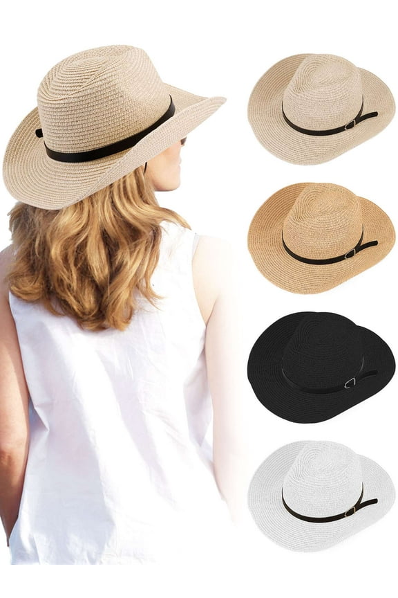 Straw Cowboy Hats for Men Women Classic Western Cowgirl Hat Wide Brim Fedora Beach Sun Hat, Beige