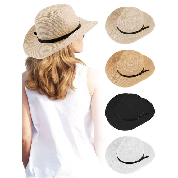 Deago Straw Cowboy Hats for Men Women Classic Western Cowgirl Hat Wide Brim Fedora Beach Sun Hat, Black