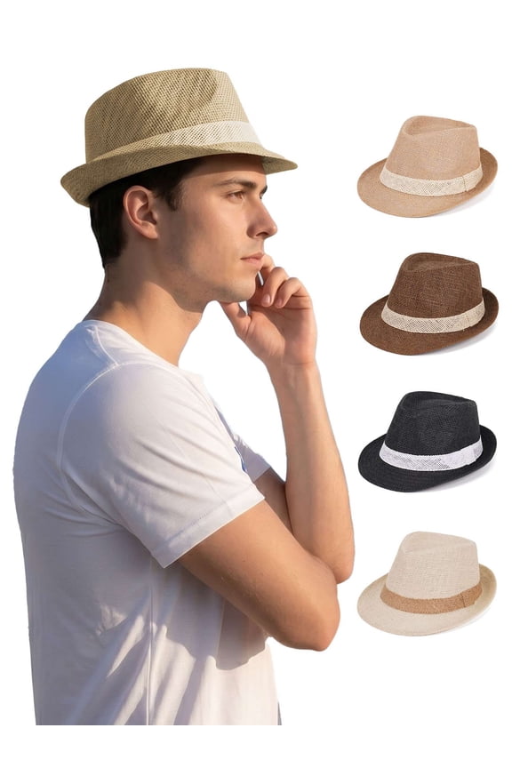 Straw Fedora Hat for Men Women Short Brim Trilby Hat Classic Panama Summer Beach Sun Hat (Beige)