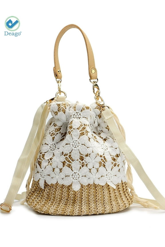 Straw Handbags Women's Summer Beach Straw Bucket Tote Bag Straw Woven Handbag Lace Crossbody Shoulder Bag Purse (Flower Pattern)