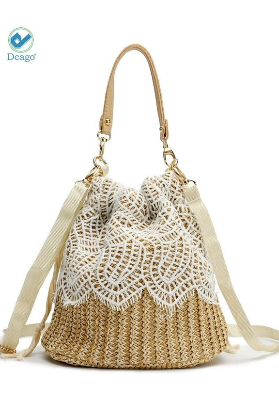 Straw Handbags Women's Summer Beach Straw Bucket Tote Bag Straw Woven Handbag Lace Crossbody Shoulder Bag Purse (Leaves Pattern)