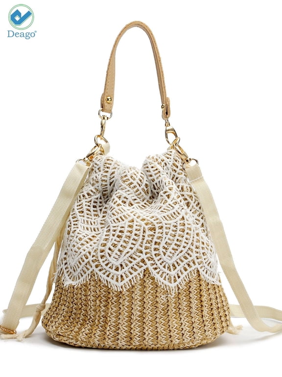 Straw Handbags Women's Summer Beach Straw Bucket Tote Bag Straw Woven Handbag Lace Crossbody Shoulder Bag Purse