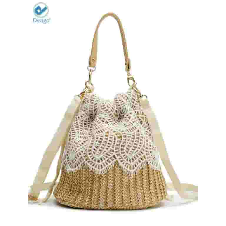 【DEINET】LACE STRING BAG (IVORY) Deago Straw Handbags Women's Summer Beach Straw Bucket Tote