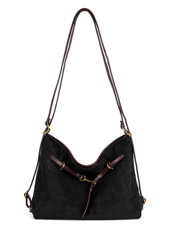 Suede Shoulder Bags for Women Tote Hobo Purse Convertible Backpack Vintage Slouchy Crossbody Bag Handbag Satchel for Work Travel, Black