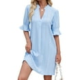 thumbnail image 1 of Deago Summer Dresses for Women V Neck Ruffle Short Sleeve Solid Color Casual Loose Shirt Dress (Blue, L), 1 of 9