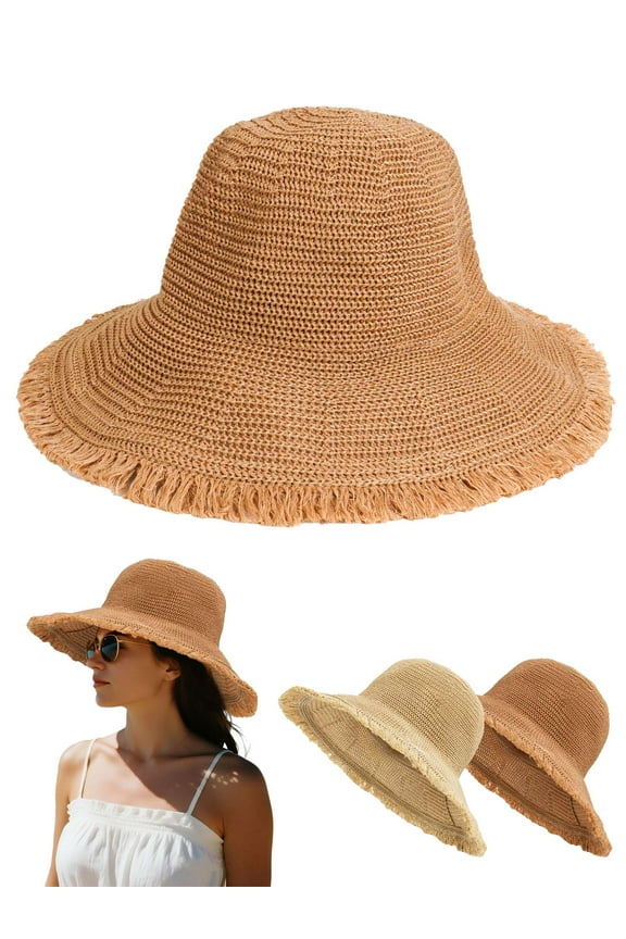 Summer Straw Beach Sun Hats for Women UV Protection Wide Brim Travel Foldable Fringed Bucket Hat (Beige)