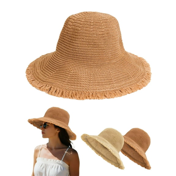 Deago Summer Straw Beach Sun Hats for Women UV Protection Wide Brim Travel Foldable Fringed Bucket Hat (Coffee)