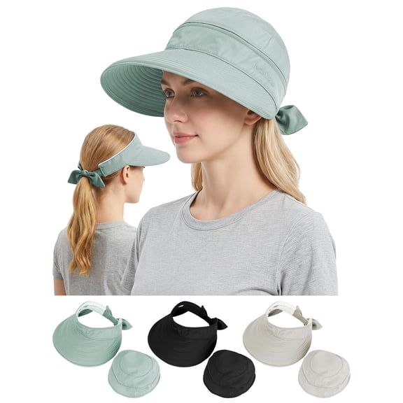 Deago Sun Hats for Women Outdoor UV Protection Wide Brim Sun Hat Foldable Summer Ponytail Cap Convertible Zip-Off Beach Hat Visor (Green)