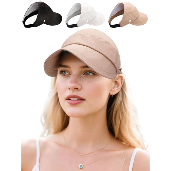 Deago Sun Hats for Women Wide Brim UV Protection Hollow Top Sun Visor Hat Summer Beach Packable Cap (Black)