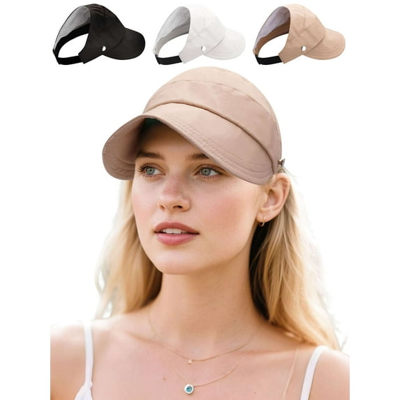 Deago Sun Hats for Women Wide Brim UV Protection Hollow Top Sun Visor Hat Summer Beach Packable Cap (Khaki)